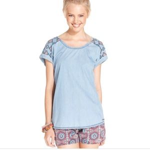 ROXY Embroidered Chambray Top